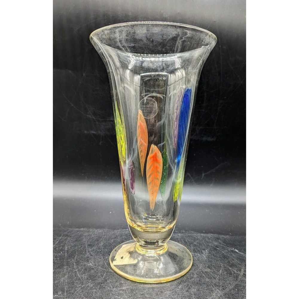 Dansk glass vase sculpture piece leaf green yellow Red Blue‎ Flowers Art Summer